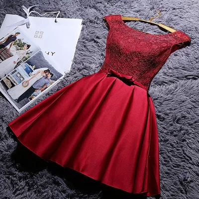 

VOLALO Sweet Women Dinner Evening Party Dress O-Neck Sleeveless Ribbon Bow Lace Satin Fabric Dresses For Bridesmaid Wedding
