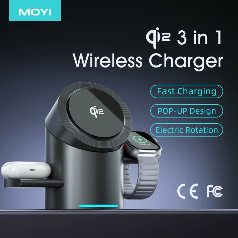 Wireless Charger Qi2 3 in 1 Magnetic Auto Rotation Metal Body for IPhone 16 15 14 13 12 & Apple Watch&Airpods