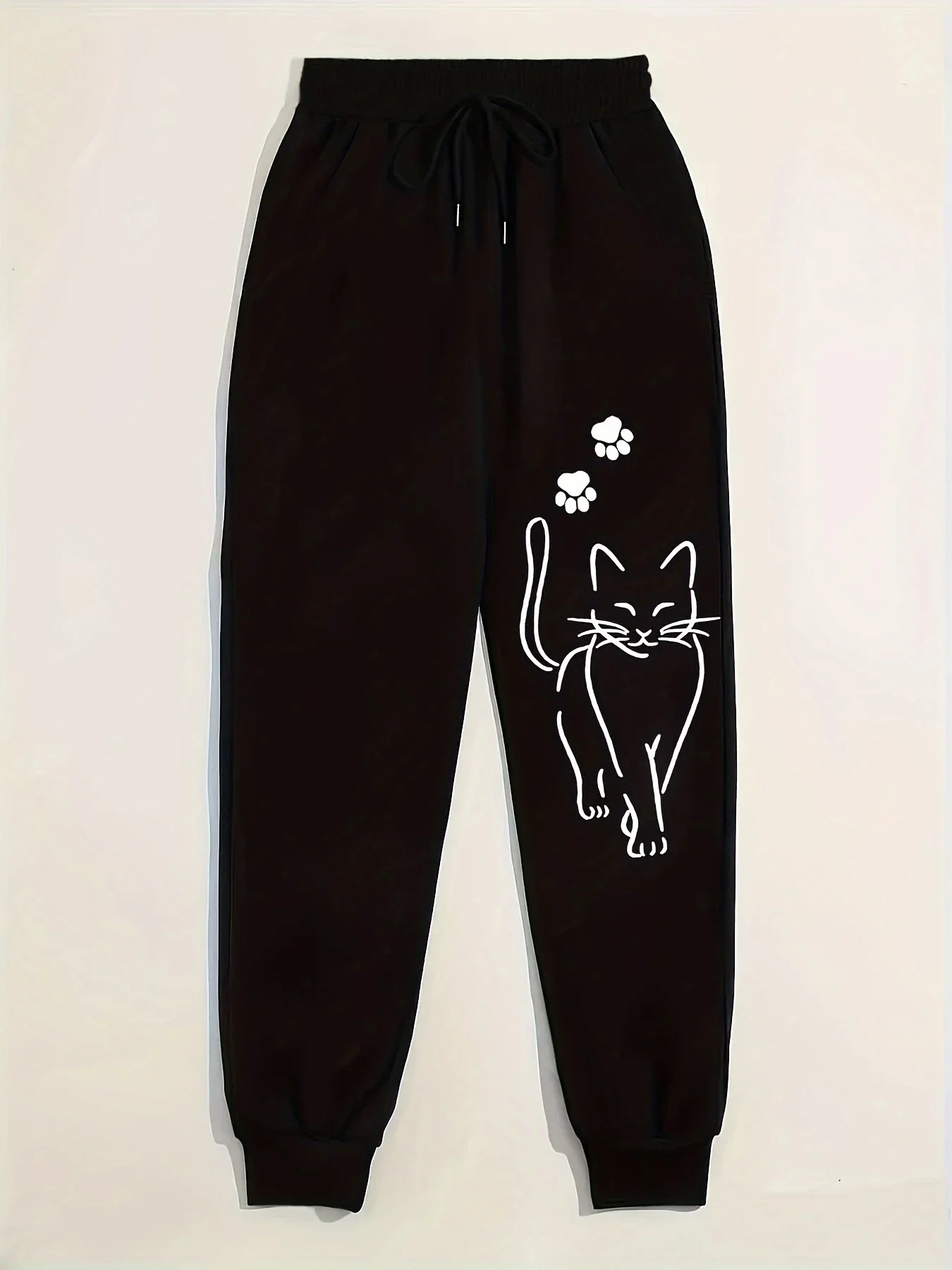 Elegant Cat Print Casual Versatile Women Pants Fashion Trendy Trousers With Drawstring Pockets Comfortable Sweatpants Female 3