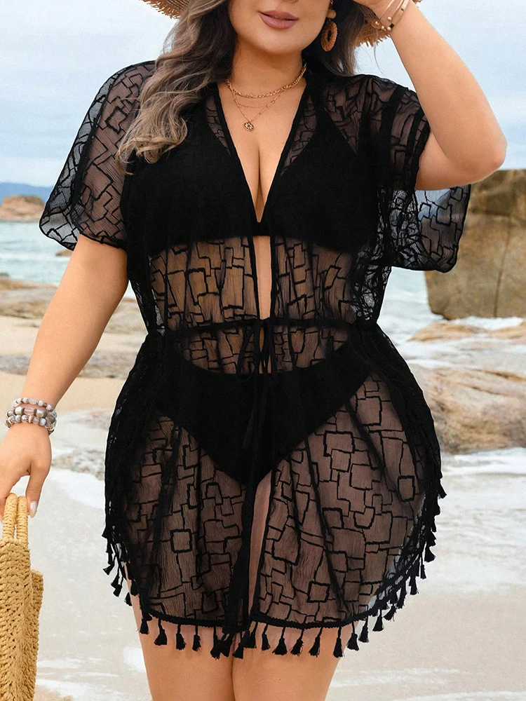 Plus Size Beach Women's Sheer Tassel Bikini Cover-Up Short Sexy Openwork Sun Protection Beach Outer Dress Bathing Suit Swimsuit