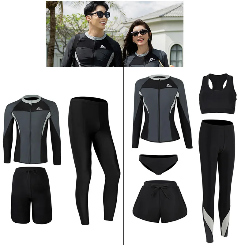 Women/Men's Zipper Rash Guard Long Sleeves Sun Protection Surf Rashguard Boyleg 3-5pcs Sports Swimsuit Padded Bathing Suits