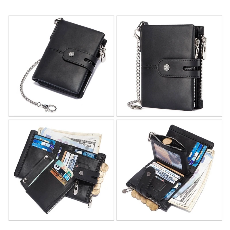 Leather Soft Bifold Blocking Wallets for Men Coin Purse Keychain Wallet with Chain