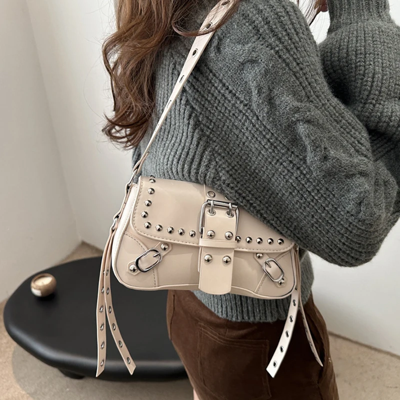 Shoulder Bag for Women Pink Underarm Bags PU Leather Crescent Bags with Rivet Small Y2k Purses Trendy Armpit Purse