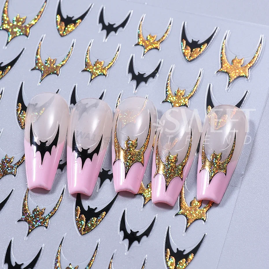 2pcs Halloween Bat Nails Art Stickers Glitter Holographic Gold Silver French Bat Design Adhesive Nail Decals Y2K Manicure Decor