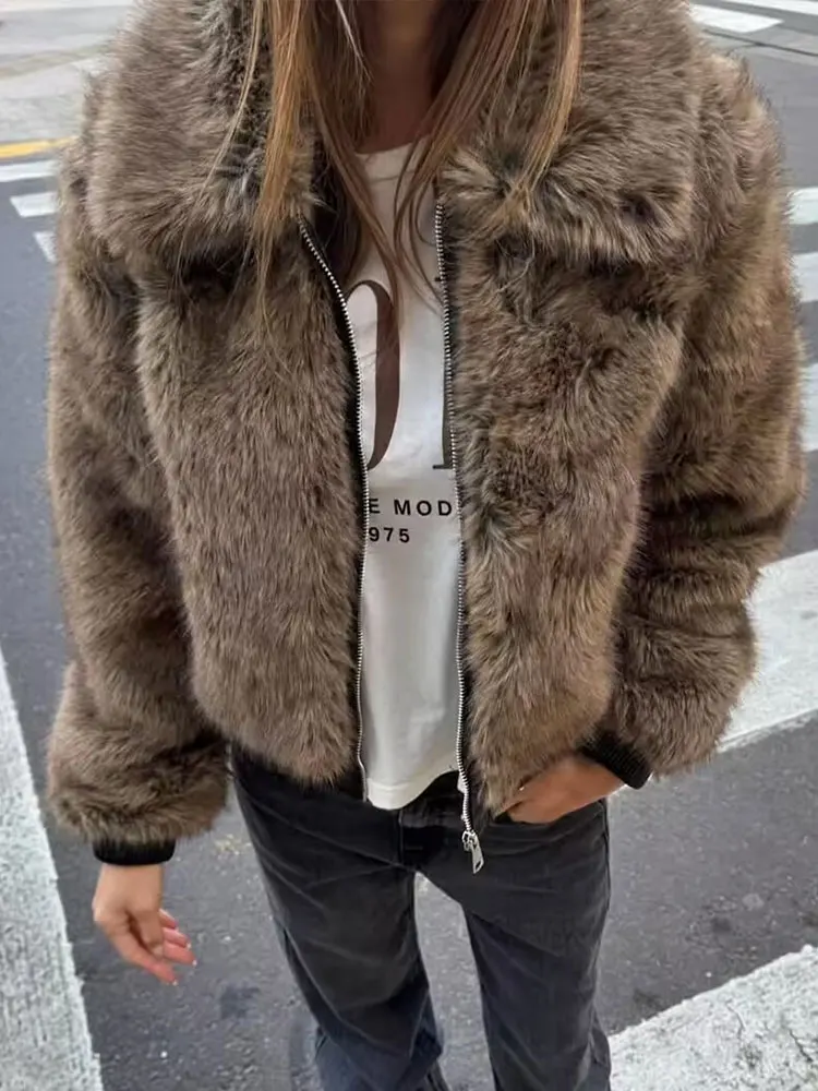 HH Women Winter Warm Faux Fur Coats Vintage Solid Turn-Down Collar Long Sleeve Overcoat Jacket High Street Lady Chic Outerwear