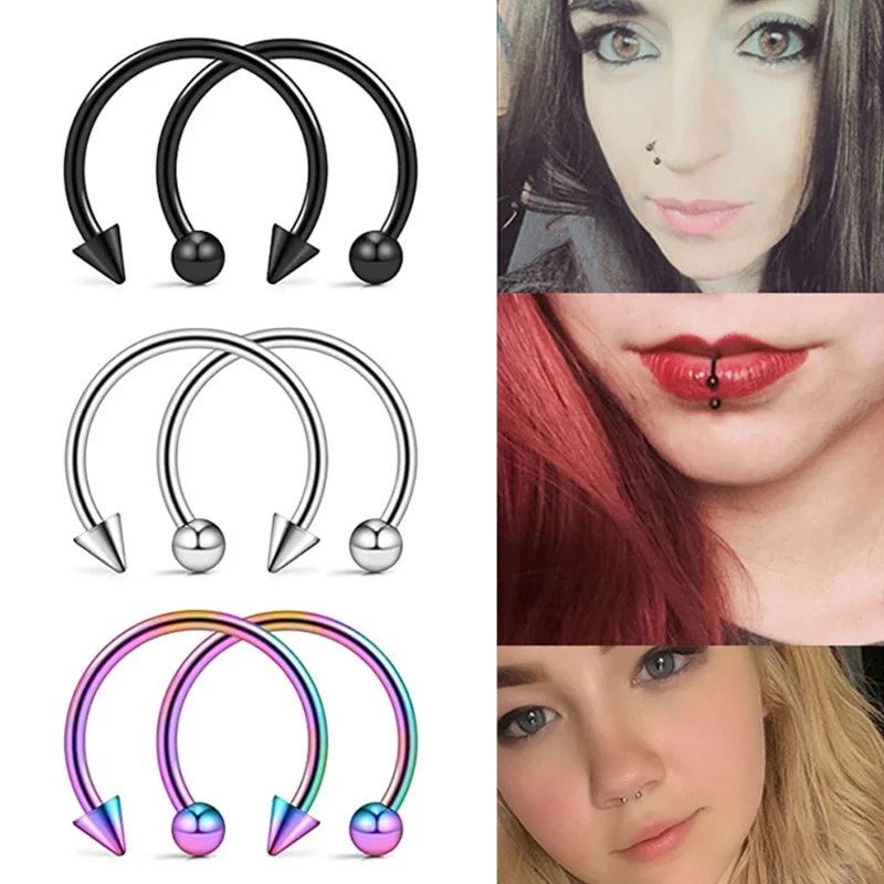 Stainless Steel Cone Spike Horseshoe Circular Septum Nose Ring Nipple Hoops Nose Septum Eyebrow Ear Piercing Body Jewelry 2Pcs