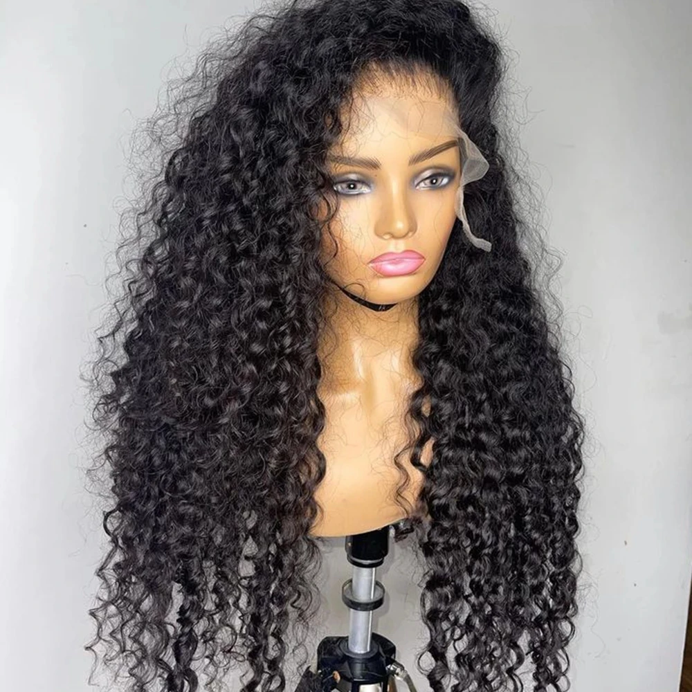 RONGDUOYI Deep Kinky Curl Synthetic Wig Long Black Curl Heat Fiber Natural Hairline Lace Front Wigs Daily Use Soft Hair
