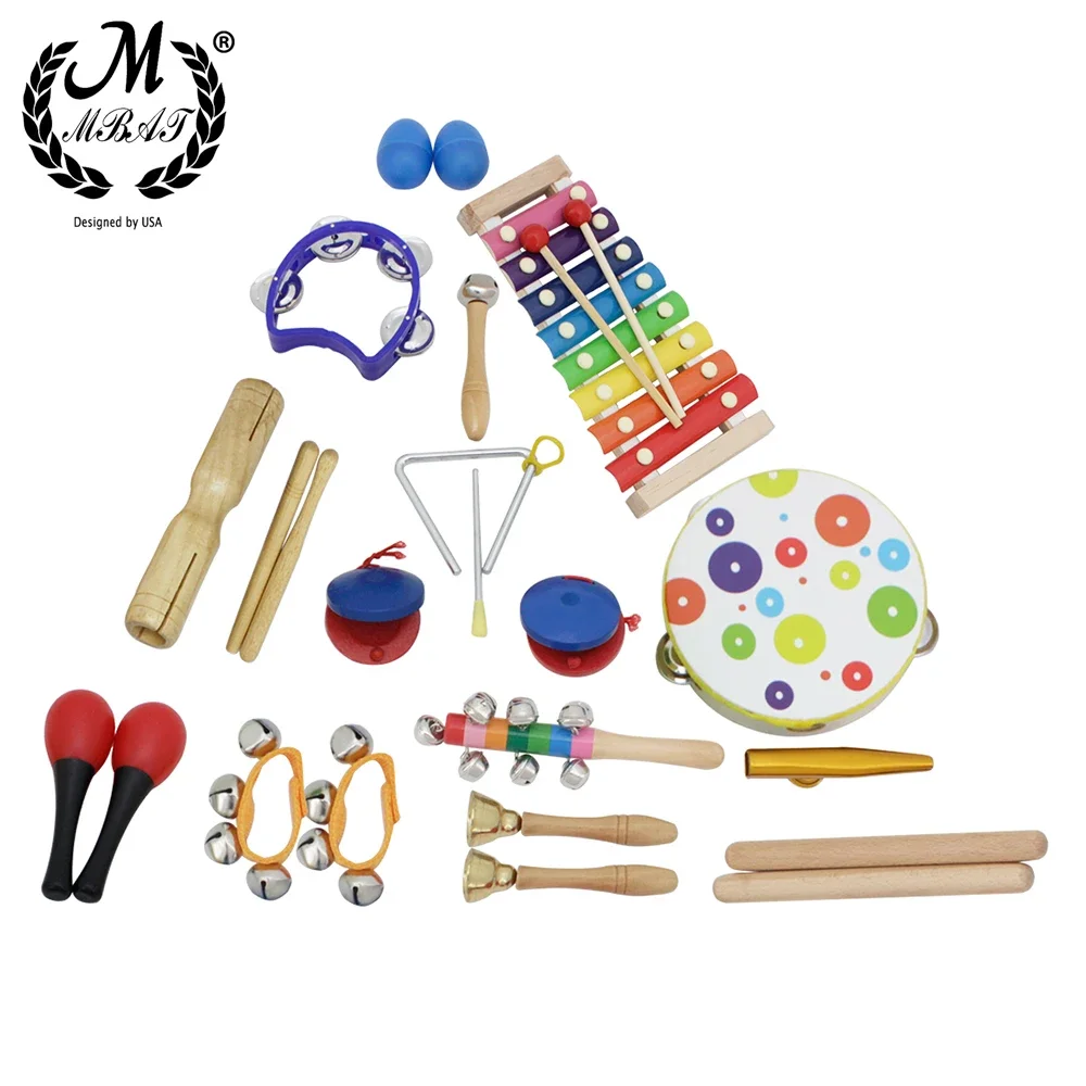 M MBAT 19Pcs Toddler Musical Instruments Set Kid Toys Handbell Tambourine Baby Early Education Tools Birthday Gifts Random Color