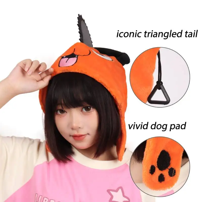 DAZCOS Chainsaw Man Pochita Peripheral Hat Denji Cosplay Soft Headgear Anime Orange Kigurumi Hat with Pochita Face Legs and Tail