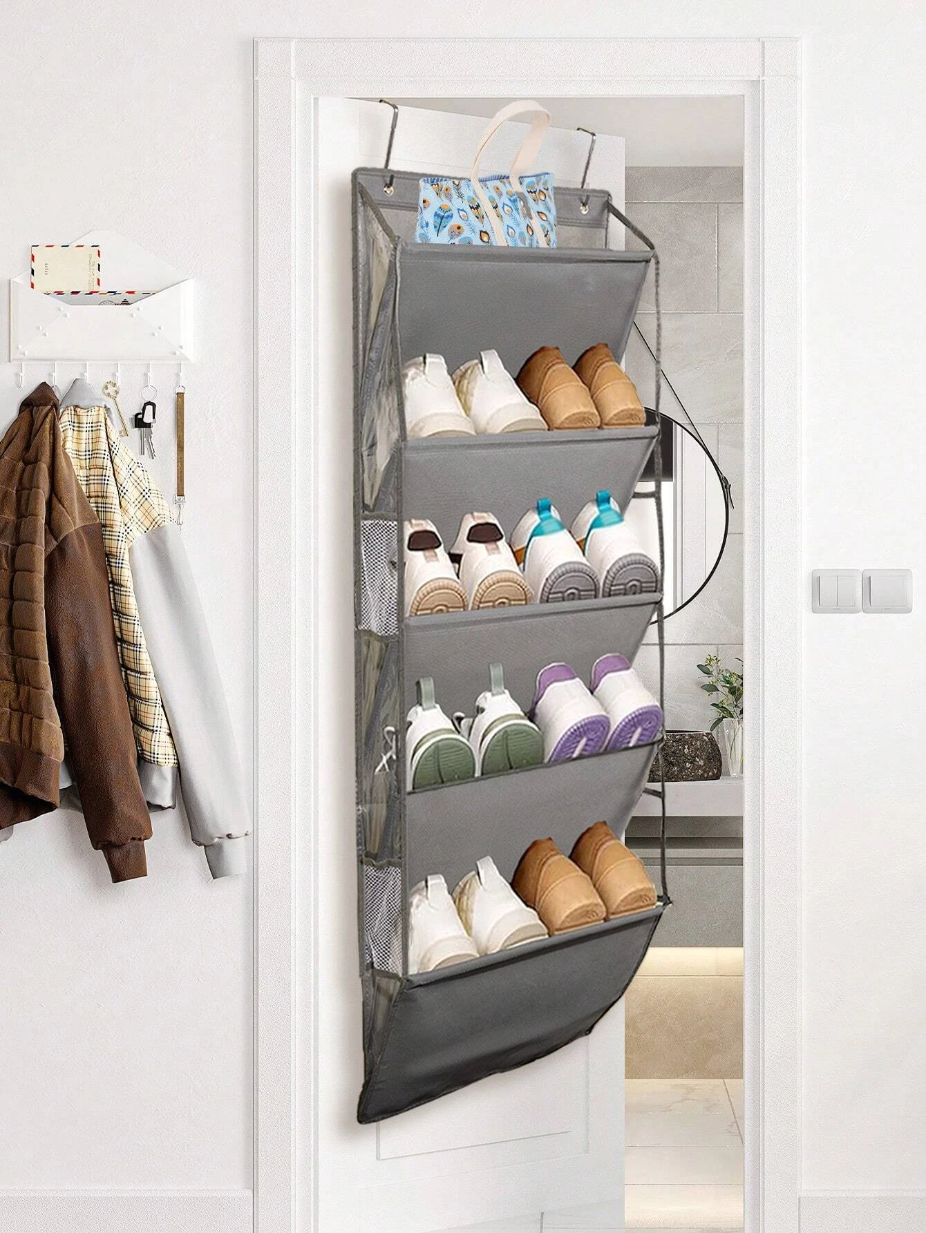 1pcs 5-Layer Over The Door Hanging Shoe Organizer, Gray Non-Woven Fabric Shoe Storage Hanging Bag,Hanging Shoe Rack 2