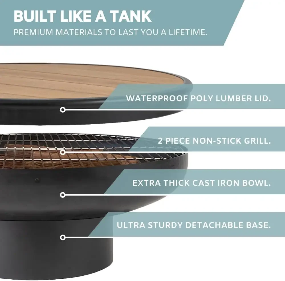 NEW-32 Inch Cast Iron, Round Fire Pit Table with Fire Pit Grill, Extra Thick, Heavy Duty Fire Bowl, Deep Outdoor Firepit, Wood