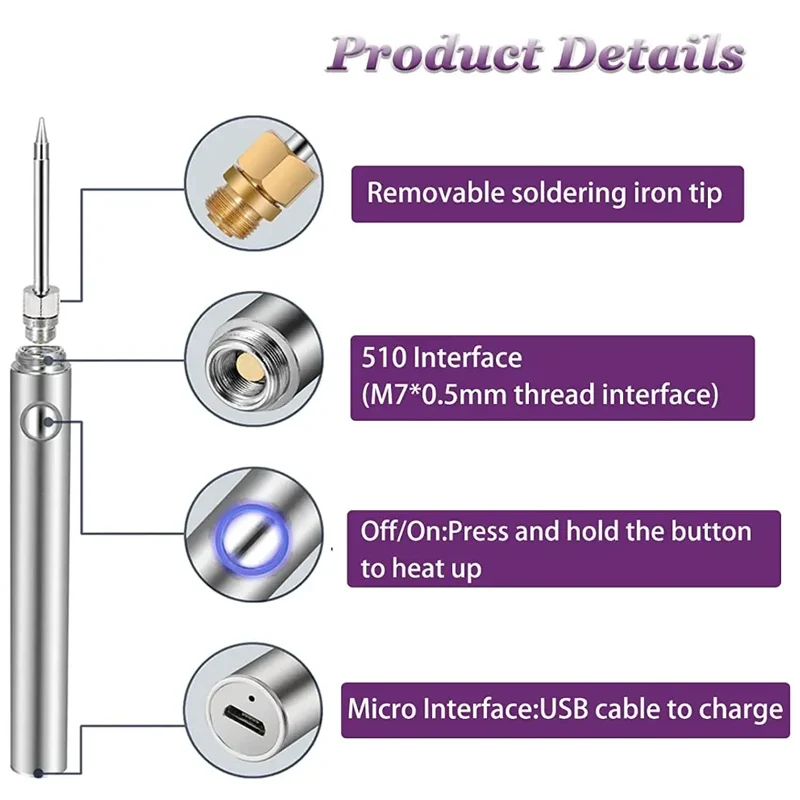 Cordless Soldering Iron Tool Pen Portable USB 5V 8W Electric Powered 3 Tip Kit Rechargeable Temperature Adjustment