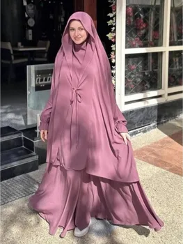 Eid Muslim Long Khimar Top Skirt 2 Piece Set Women Abaya Full Cover Ramadan Kaftan Djellaba Musulman Ensembles Prayer Garment