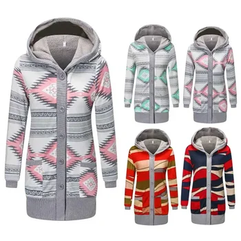 Women Cardigan Striped Print Long Sleeve Sweater Coat Buttons Closure Hooded Plush Lining Sweater Outerwear For Autumn Winter 1