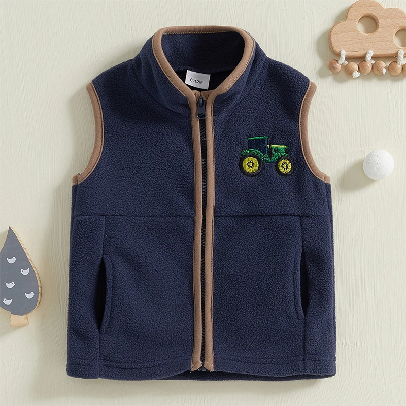 Children Vest 0-4Y Toddler Kids Boys Autumn Sleeveless Stand Collar Zip Up Tractor Embroidery Fleece Vest Jacket