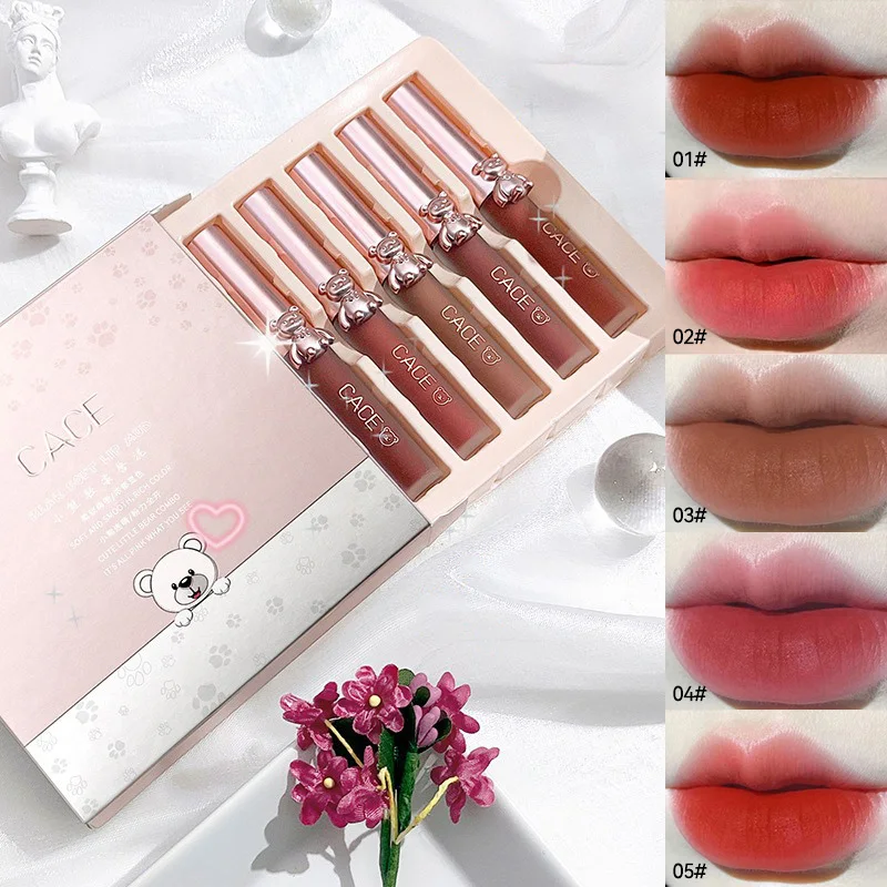 CACE Cute Bear Lip Mud Set — Velvet Lip Tint, Long-Lasting Lip Mud, Adorable and Affordable Lipstick Collection for Students 3