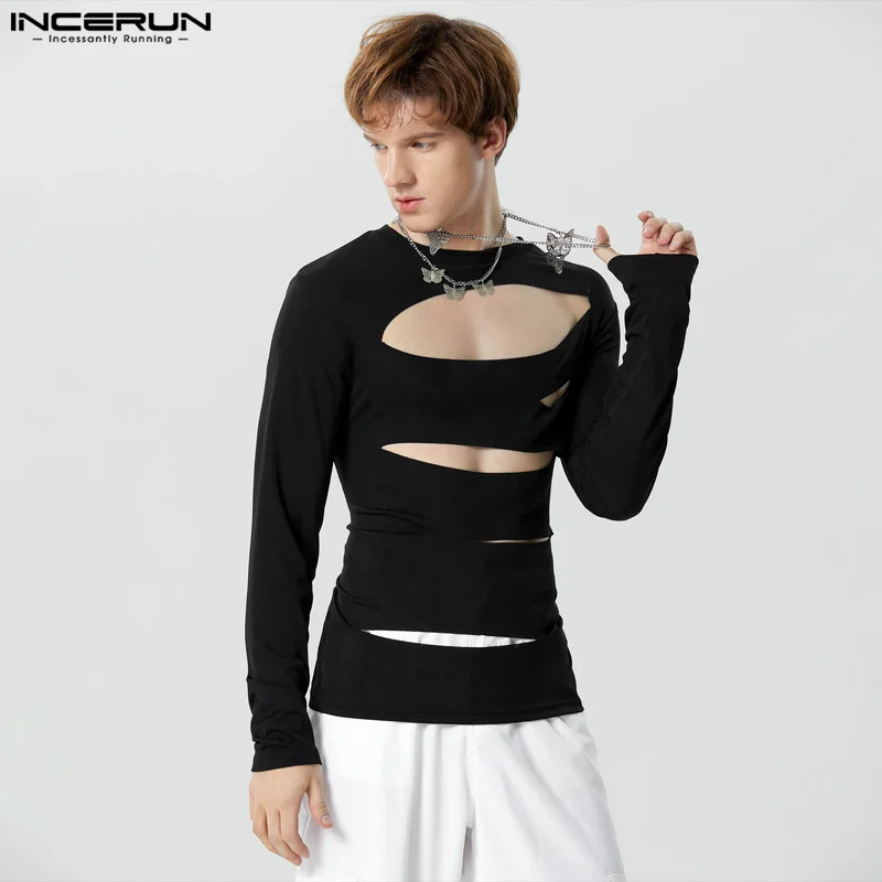 

Футболка INCERUN мужская с круглым вырезом, однотонная пикантная рубашка с длинным рукавом, с вырезами, модная уличная одежда для фитнеса, топ неправильной формы, 2023