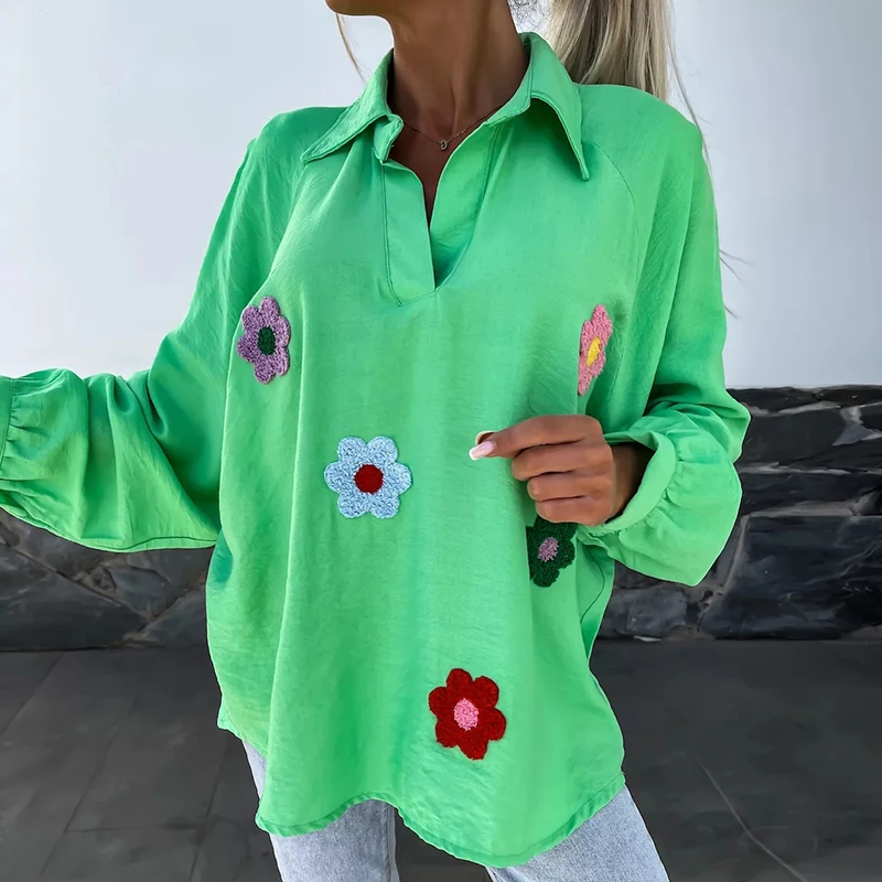 

Женский пуловер с цветочным принтом, Повседневная Свободная пляжная блузка с V-образным вырезом и длинным рукавом, на пуговицах, весна 2024