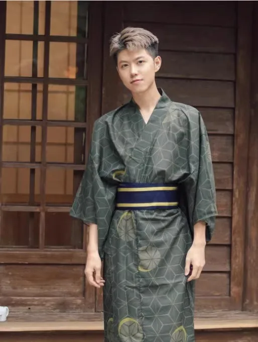 Men's Summer Yukata Deep Green- Samurai-style Navy Checkered Kimono, Wrinkle-Free & Colorfast for Festivals or Cosplay