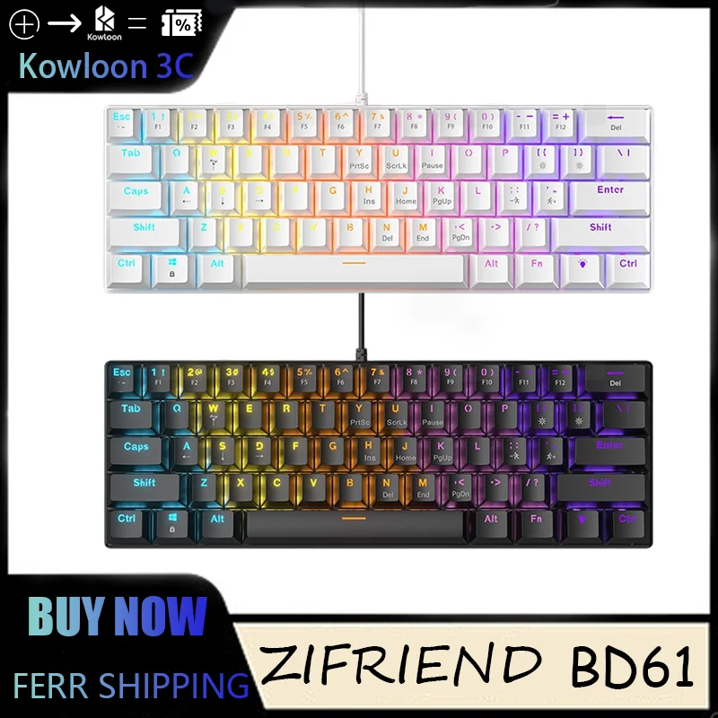 ZIFRIEND BD61 Teclado Mecânico 61 Teclas Luz Mista Com Fio Verde