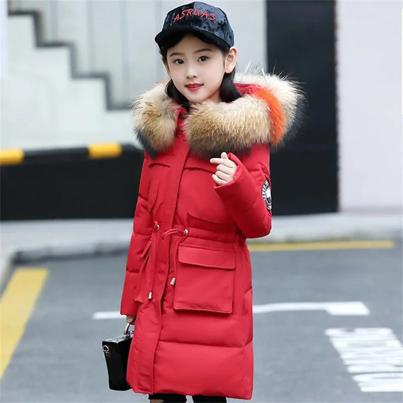 3-12T Girls' Coat Big Fur Collar Hooded Jacket Winter Thick Warm Cotton  Coat Mid-length Down Jacket Girls Quilted Jacket