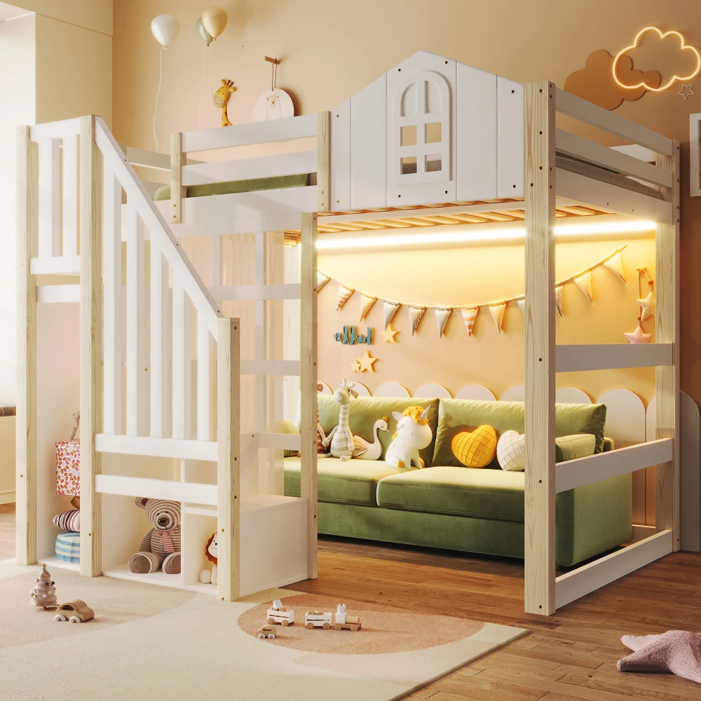 90x200cm Kinderzimmer-Hochbett, mit LED-Leuchten und Gaze, Fensterform, offenes Aufbewahrungsfach, Weiß + Natur (ohne Matratze) – Detail 28