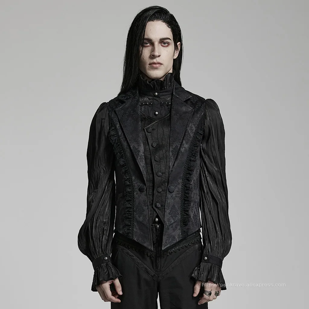 Description Picture 3 of itemPUNK RAVE Men's Gothic Gorgeous Lace Decoration Asymmetric Lapel Waistcoat Unique Pointed Outline Elements Party Long Sleeve Top