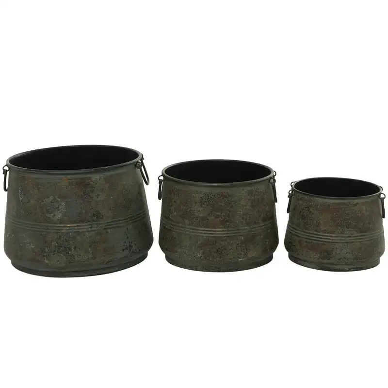 

Metal Rustic Round Planter Set of 3 16", 13", 11"W, Multi-Color Highlights, Textured Lines and Side Arched Handles with Organic