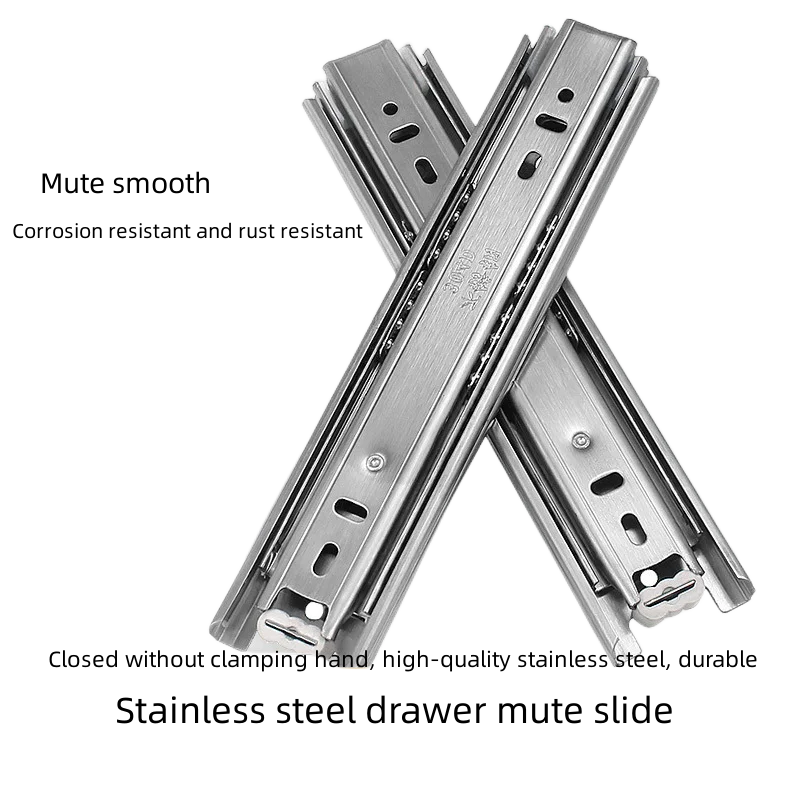 2（pcs）Stainless steel drawer rails three silent steel ball rails drawer