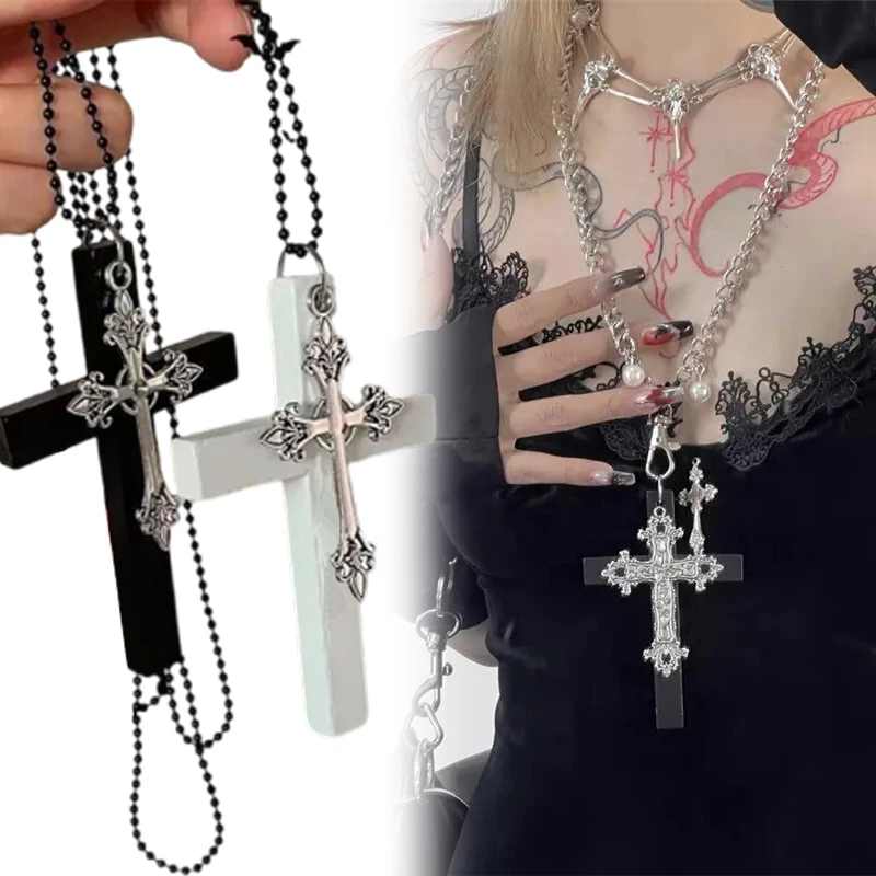 Y2K Wood Cross Black Drill Pendant Necklace for Women Men Fashion Vintage Cool Spicy Girls Hip Hop Necklace Party Jewelry Gifts 1