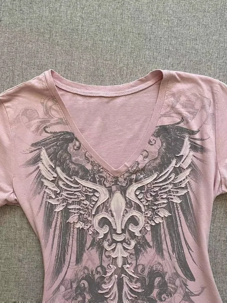 HOUZHOU Y2k Harajuku Graphic Women T-shirts Vintage Pink Gothic Printed Tshirts Short Sleeve Tees American Retro 2000s Aesthetic 2