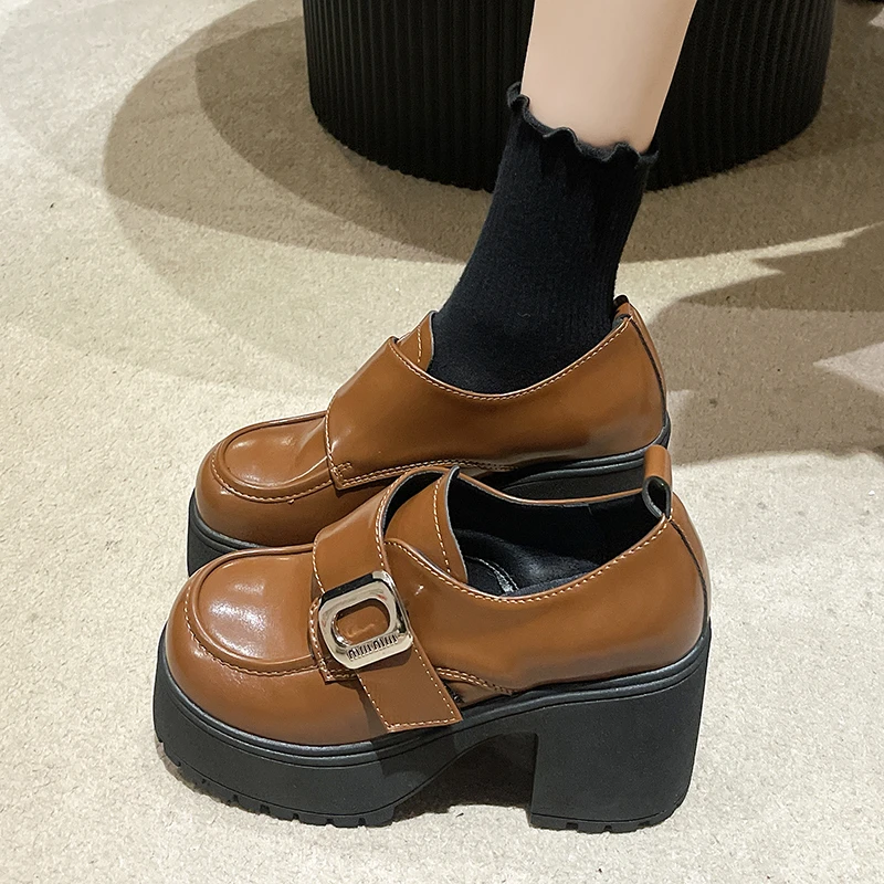 

Brown PU Leather Loafers Women's High Heels Women's Buckle Dress Fashion Women's Shoes 2024 женская обувь увеличивающая рост