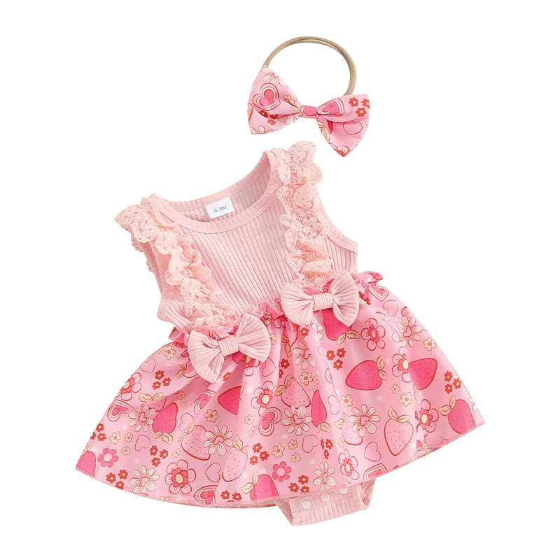 

Newborn Girl Outfit, Sleeveless Flower Strawberry Print Romper Dress with Bowknot Hairband Summer Clothes