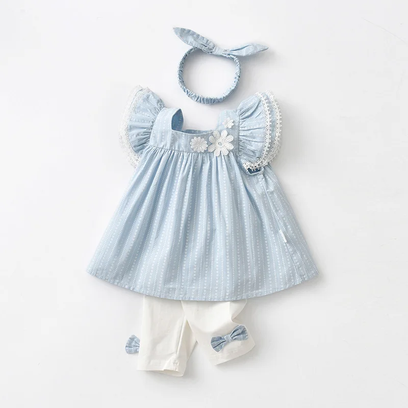 

Girls' Summer Set 2023 New Sleeveless Blue Ruffle Top Flower Embroidery White Bow Pants Cotton Two Piece Set