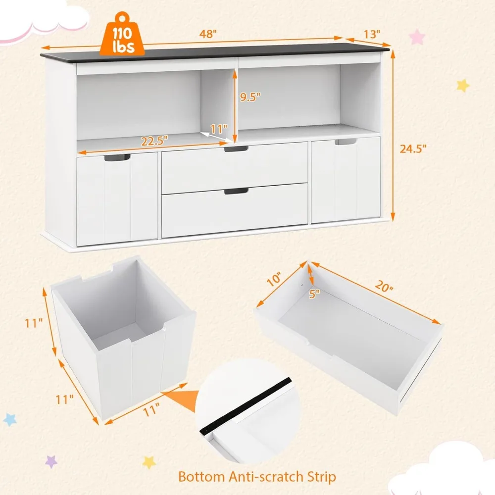 Kids Toy Storage Organizer with Bins, Children Daycare Shelf w/Blackboard Top, Wooden Toy Box w/Wheels & Drawers 3