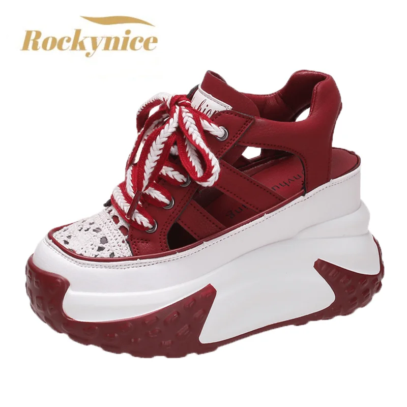

10CM Hollow Summer Sandals Wedge Heels Leather Sneakers Women High Platform Beach Flip Flops Casual Breathable Walking Slippers