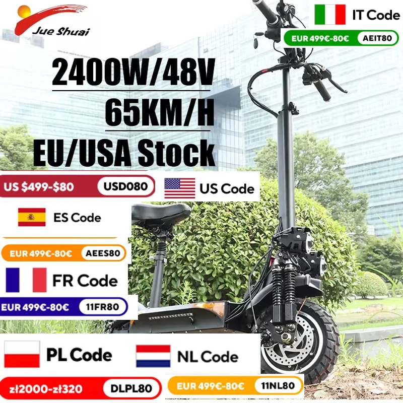 65km/h Electric Scooters Adults 48V 2400W Kickscooter Dual Motor with Seat Folding Disc Brake Skate board