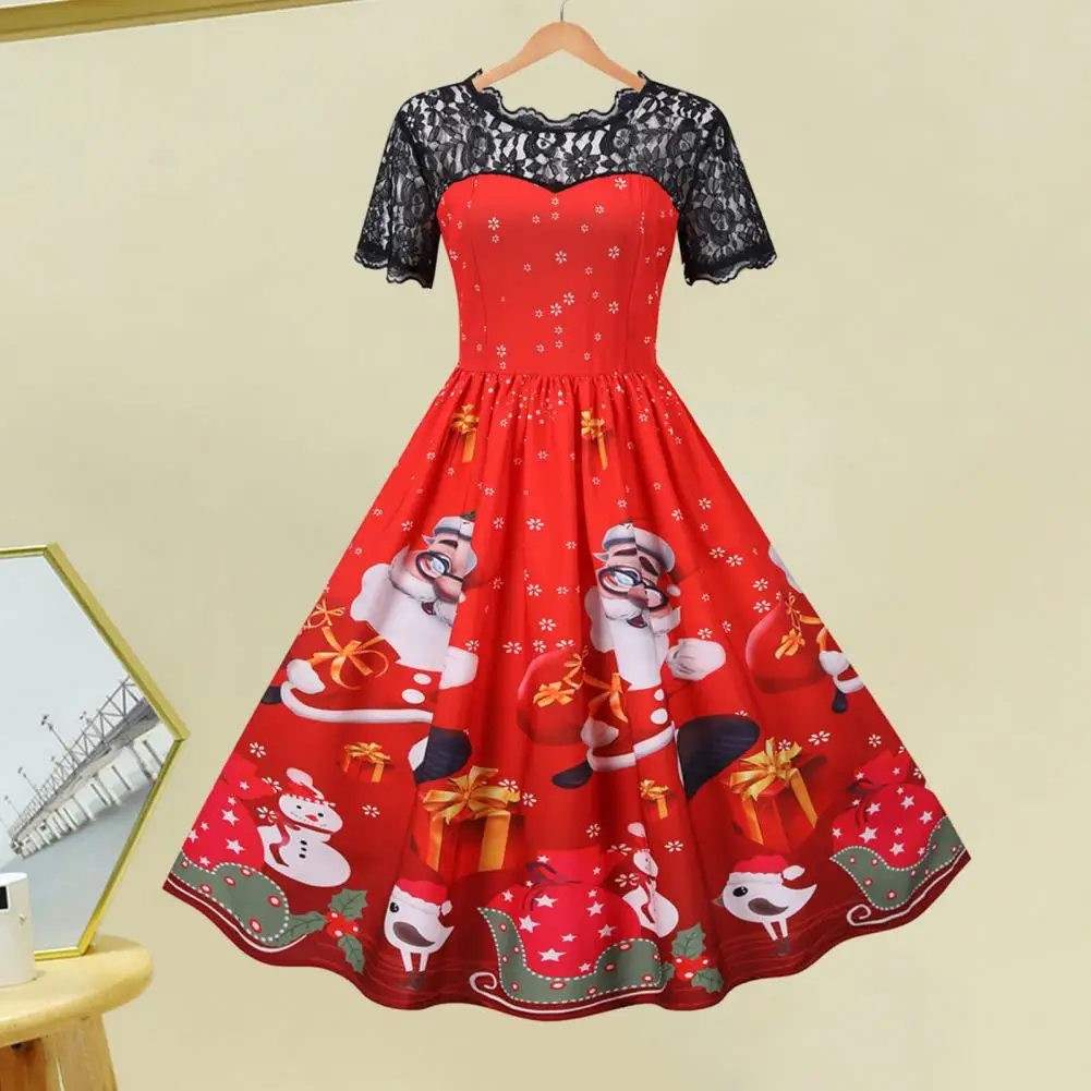 

1950s 60s Christmas Costumes for Women Cartoon Santa Snowflake Print Lace Xmas Dress Short Sleeve Pleated Dress Evening Dresses