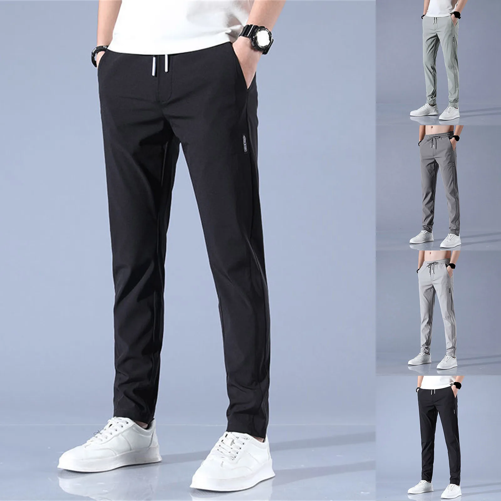 Description Picture 2 of itemMen's Lightweight Casual Pants Slim Fit Classic Straight Trousers Summer Cotton Joggers Solid Color Green Stretch Pants Male