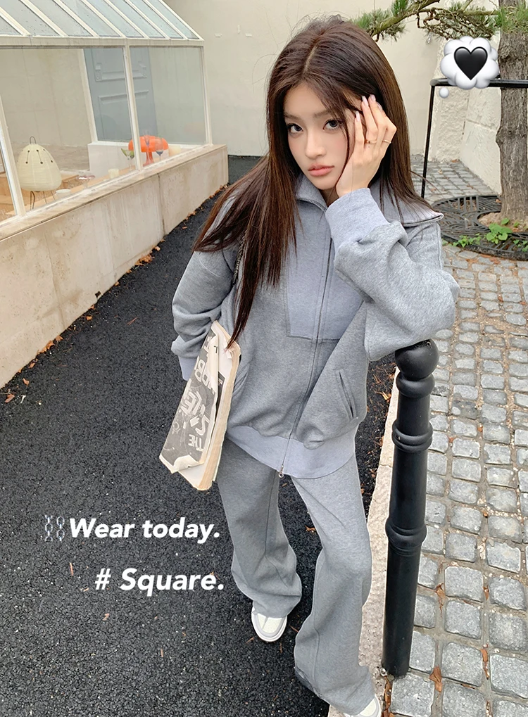 Y2K Casual Two-piece Set Solid Tracksuit Stand Collar Long Sleeve Zip-up Sweatshirt Long Pants Korean Fashion Autumn New Outfits