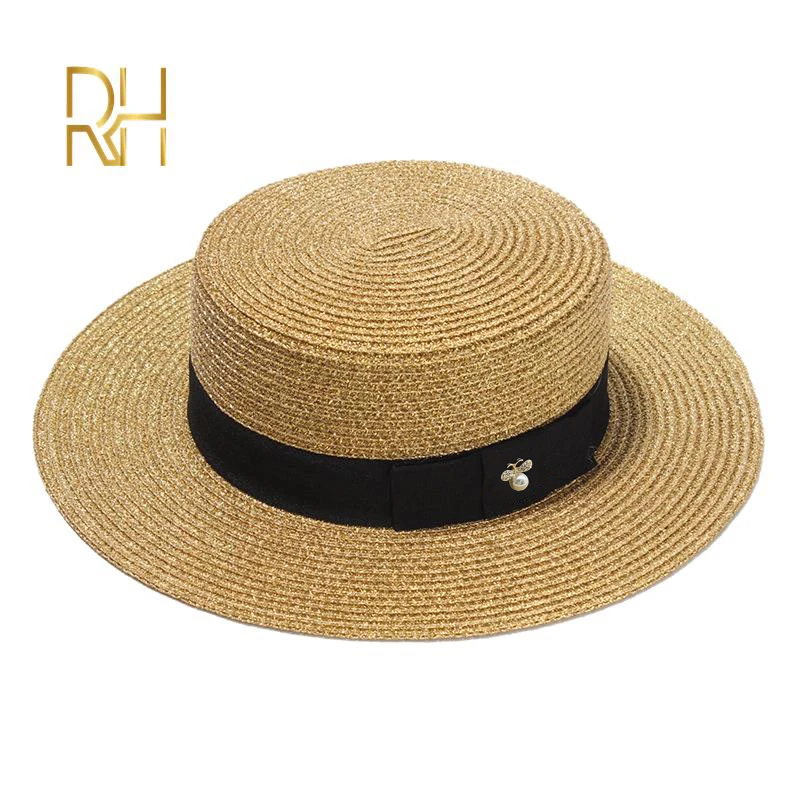 Ladies Sun Boater Flat Hats Small Bee Sequins Straw Hat Retro Gold Braided Hat Female Sunshade Shine Flat Cap RH 1