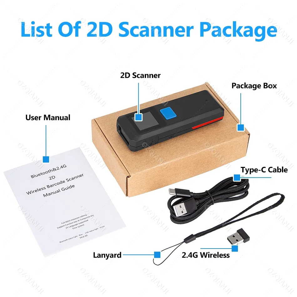 1D Laser 2D Wireless Bluetooth Barcode Scanner Mini Pocket Bar Reader Portable BT Reader QR Code PDF417 Scanner for iPad iPhone