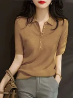 Polo Neck Shirt For Women Plain Button Woman T Slim Women's Clothing Trend 2025 High Quality On Offer Wholesale Youth Korean - Image 2