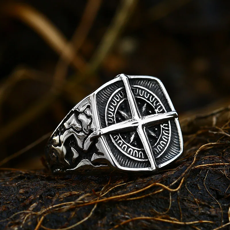 Stainless Steel Ring Finger Ring 316L Stainless Steel Viking Cross Compass Runic Pirate Men's Ring Nautical Fashion Jewelry BR8-108R