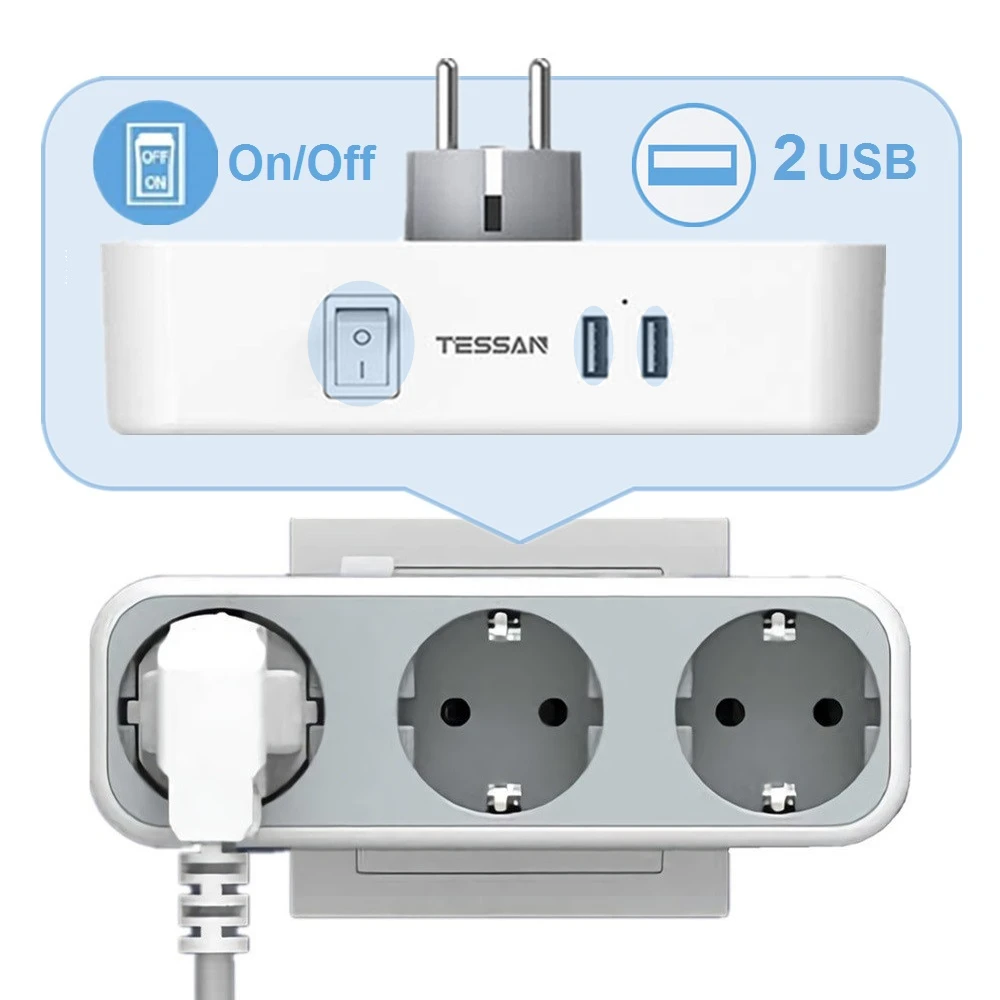 Multiprise avec 3 Prises de Terre + 2 prises USB - Interrupteur On / off