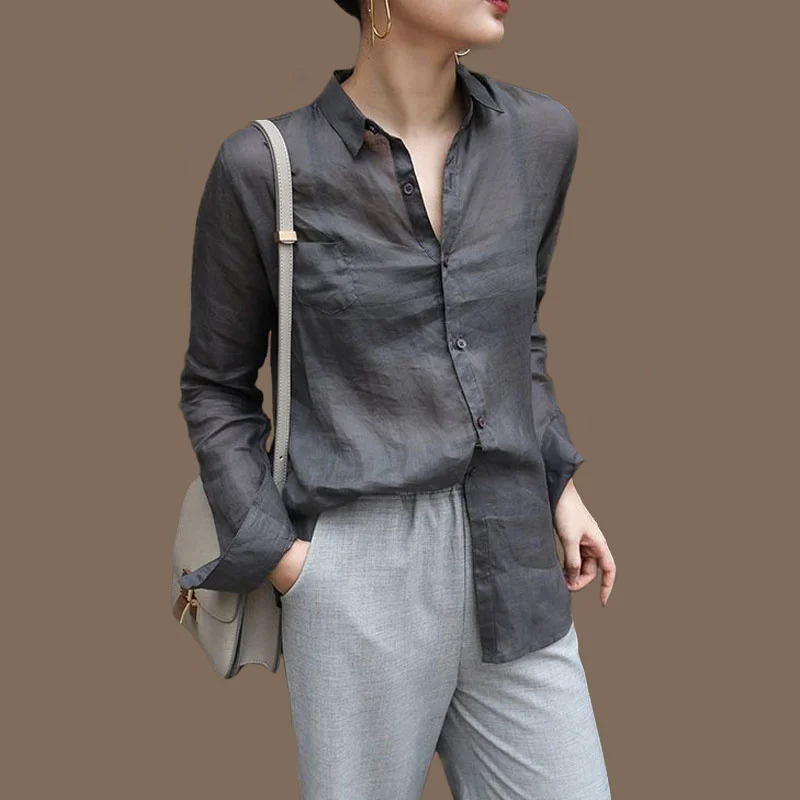 

Design sense of niche ramie cotton medium and long sleeve loose casual shirt white shirt female 8153333