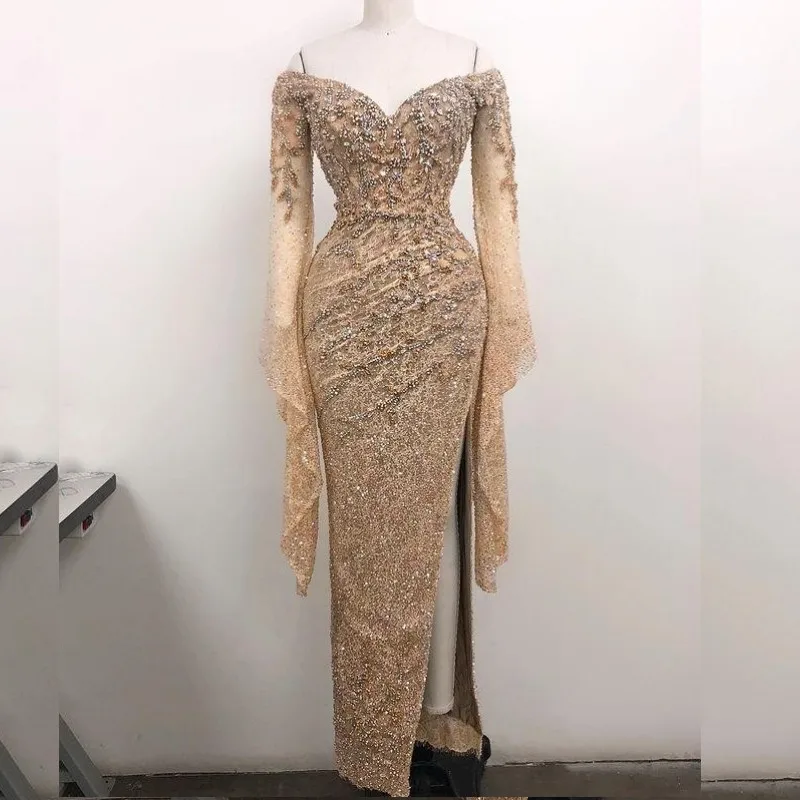 

Luxury Champagne Evening Dress Off Shoulder Crystal Long Sleeve Mermaid Ball Gown Lace African Party Dress