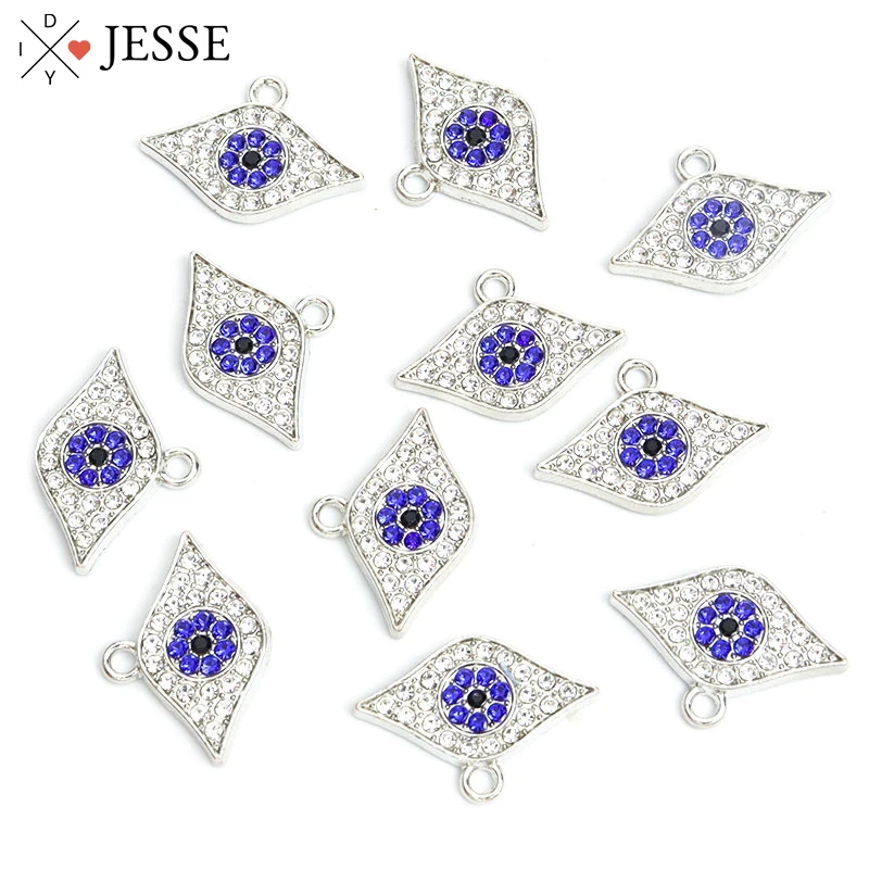 

10pcs Blue Turkish Evil Eye Crystal Rhinestone Charms Antique Silver Color Lucky Eye Pendant Jewelry Making Necklace Accessories