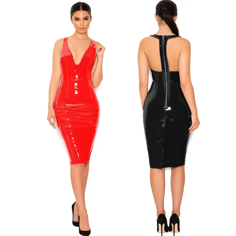 

Sexy Backless PVC Leather Dress Back Zip Bodycon Dress Wet Look Latex Party Club Midi Dress Vestidos Nightclub Clothing