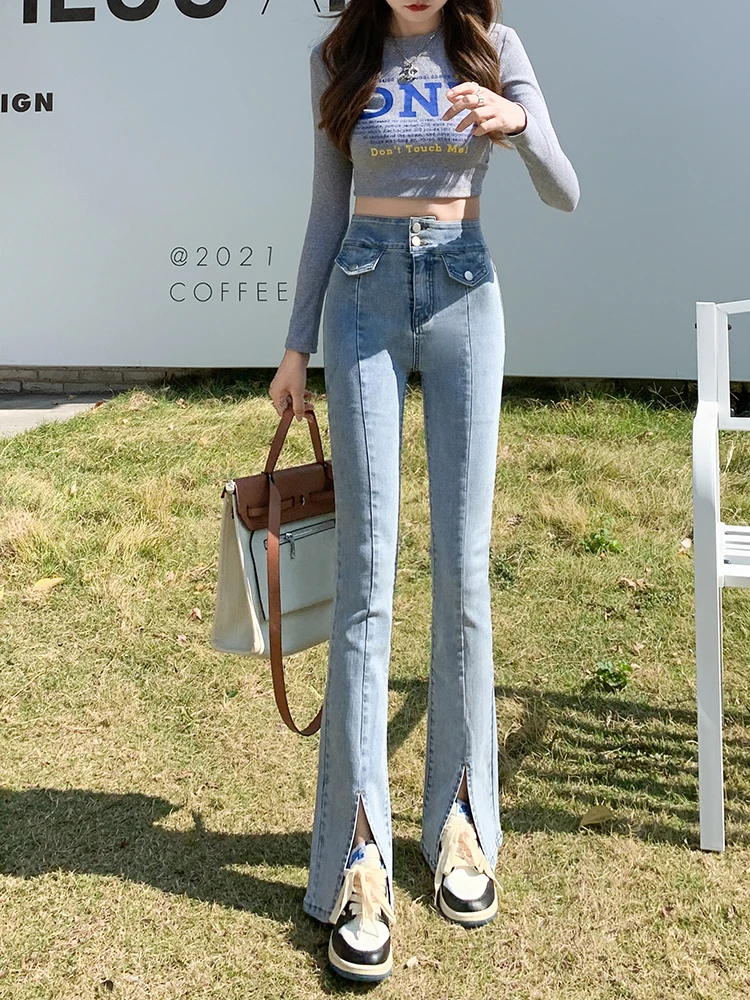 High Waist Double Breasted Jeans For Women Summer Split Flare Denim Pants Skinny Full Length Jean Trousers Female 0816 paige jeans